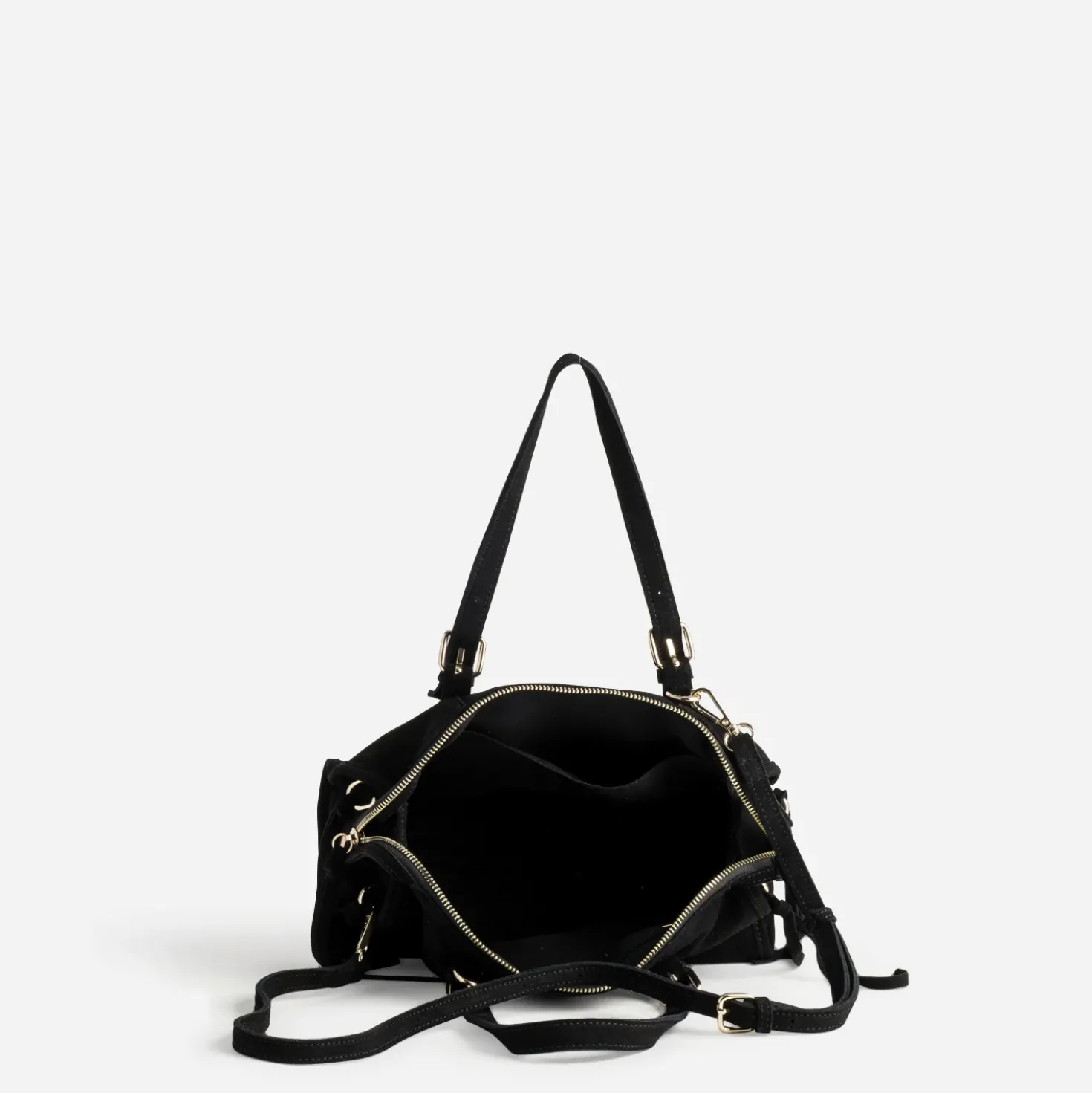 Sac à main noir cuir velours détail franges