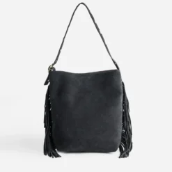 Sac à main noir cuir velours à franges