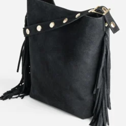 Sac à main noir cuir velours à franges