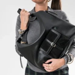 Sac à main noir poche bi-matière