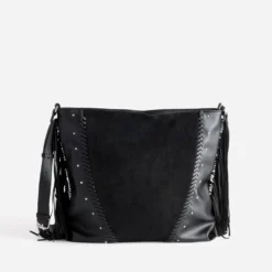 Sac à main TEXTO noir décor clous et franges