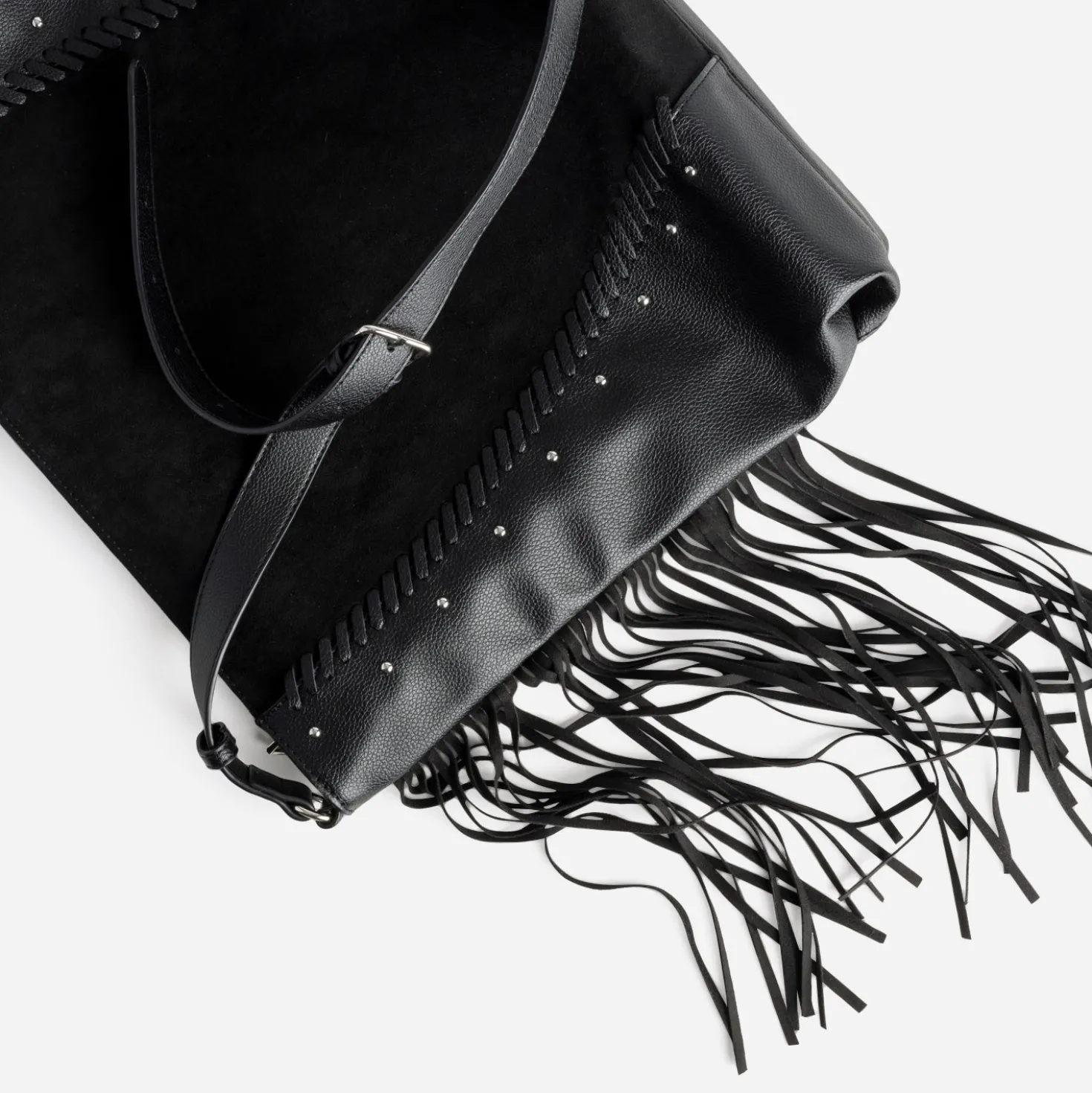 Sac à main TEXTO noir décor clous et franges