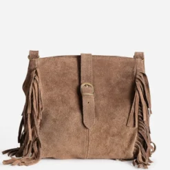 Sac à main TEXTO taupe cuir velours à franges