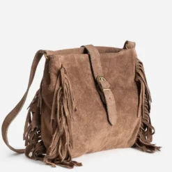 Sac à main TEXTO taupe cuir velours à franges