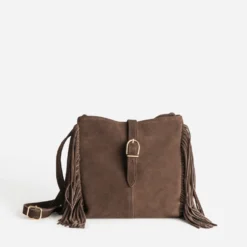 Sac marron cuir velours détail franges