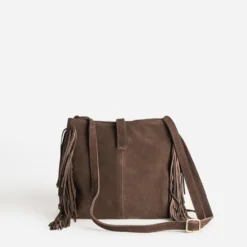 Sac marron cuir velours détail franges