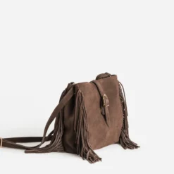 Sac marron cuir velours détail franges