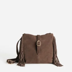 Sac marron cuir velours détail franges