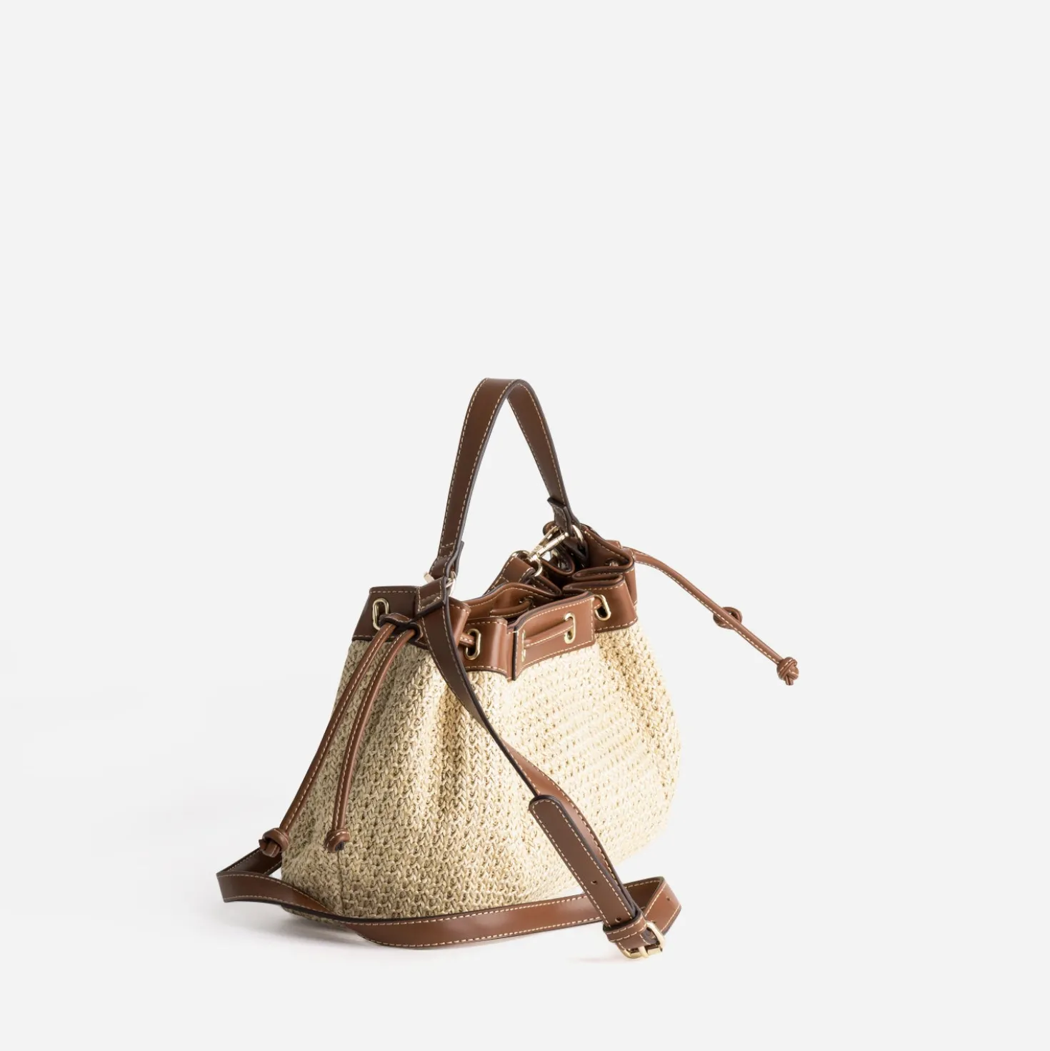 Sac seau beige tressé bordures cognac