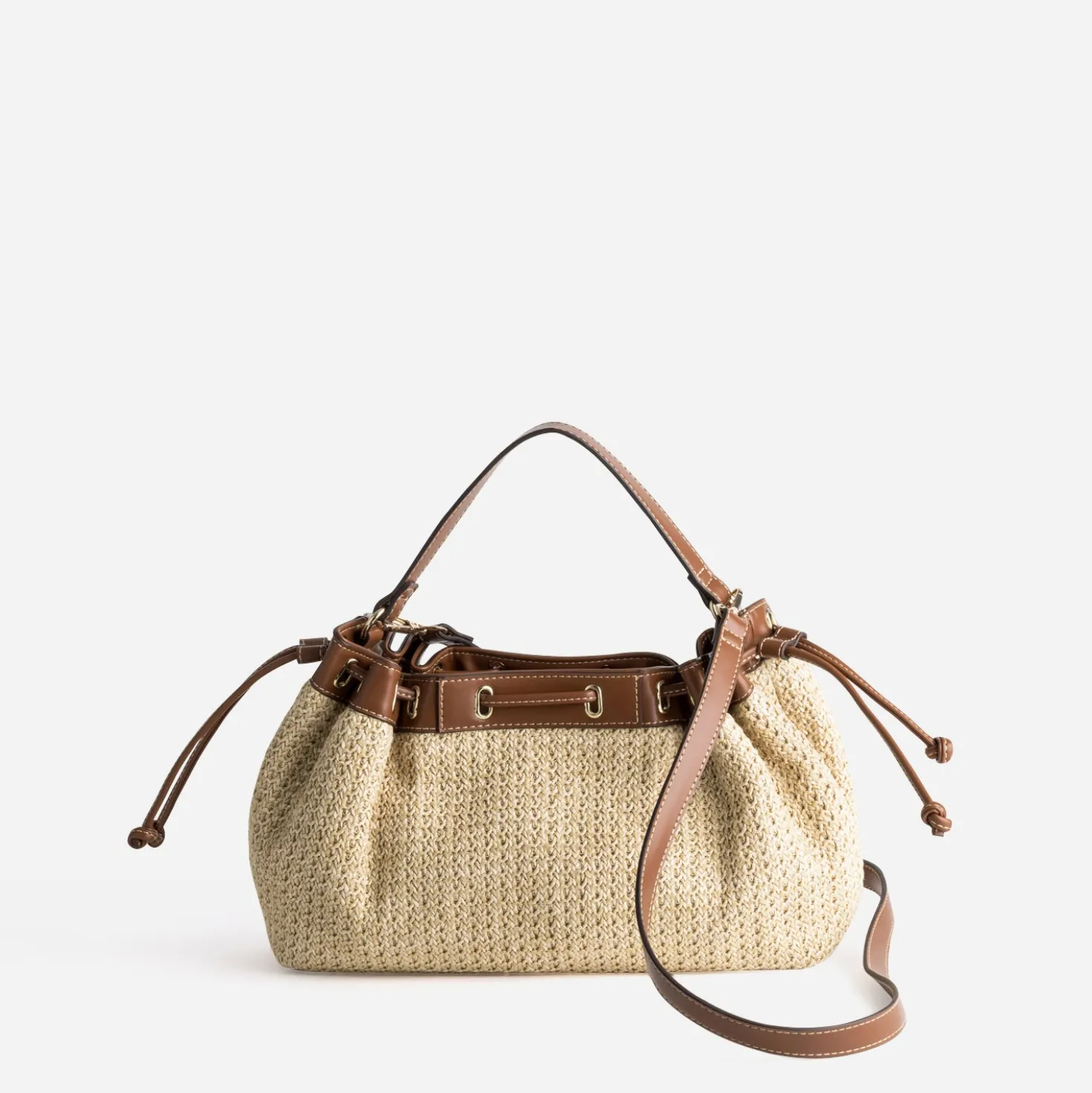 Sac seau beige tressé bordures cognac