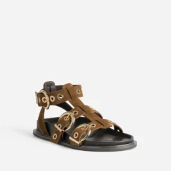 Sandale anatomique camel cuir velours décor œillets