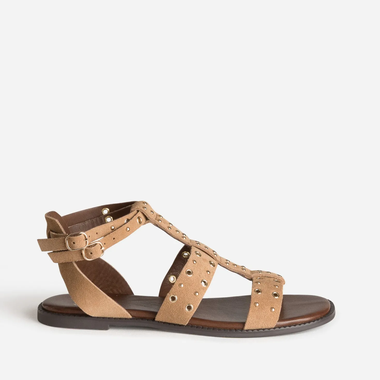 Sandale beige cuir velours œillets et clous