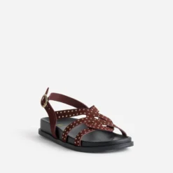 Sandale bordeaux cuir velours clouté