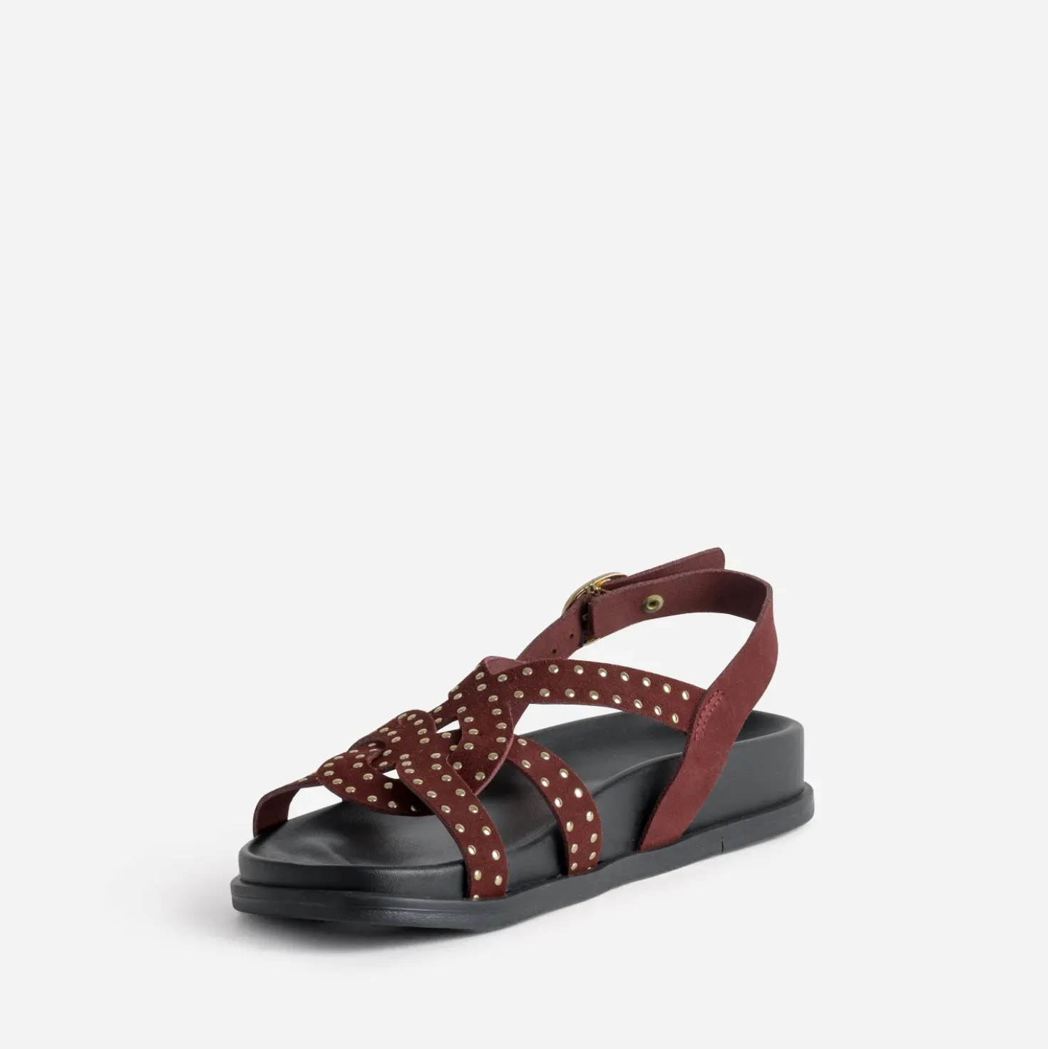 Sandale bordeaux cuir velours clouté
