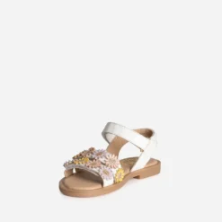 Sandale BUGGY blanche cuir détails fleurs