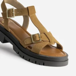 Sandale camel cuir velours semelle crantée