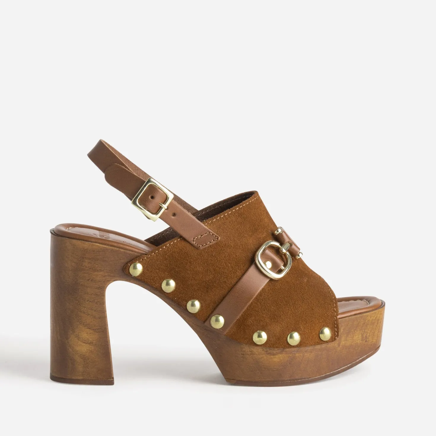 Sandale cognac cuir velours bride et clous