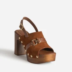 Sandale cognac cuir velours à talon