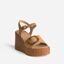 Sandale compensée beige cuir velours