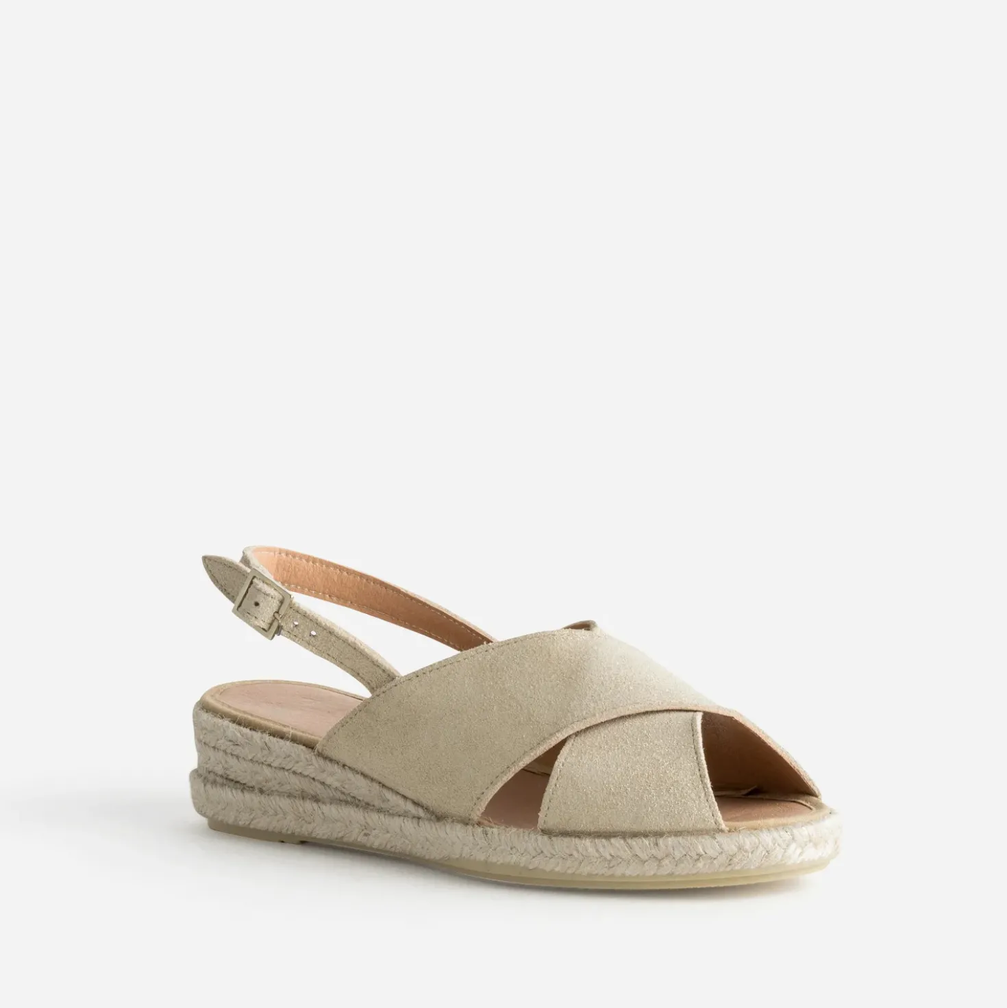 Sandale compensée beige doré cuir velours