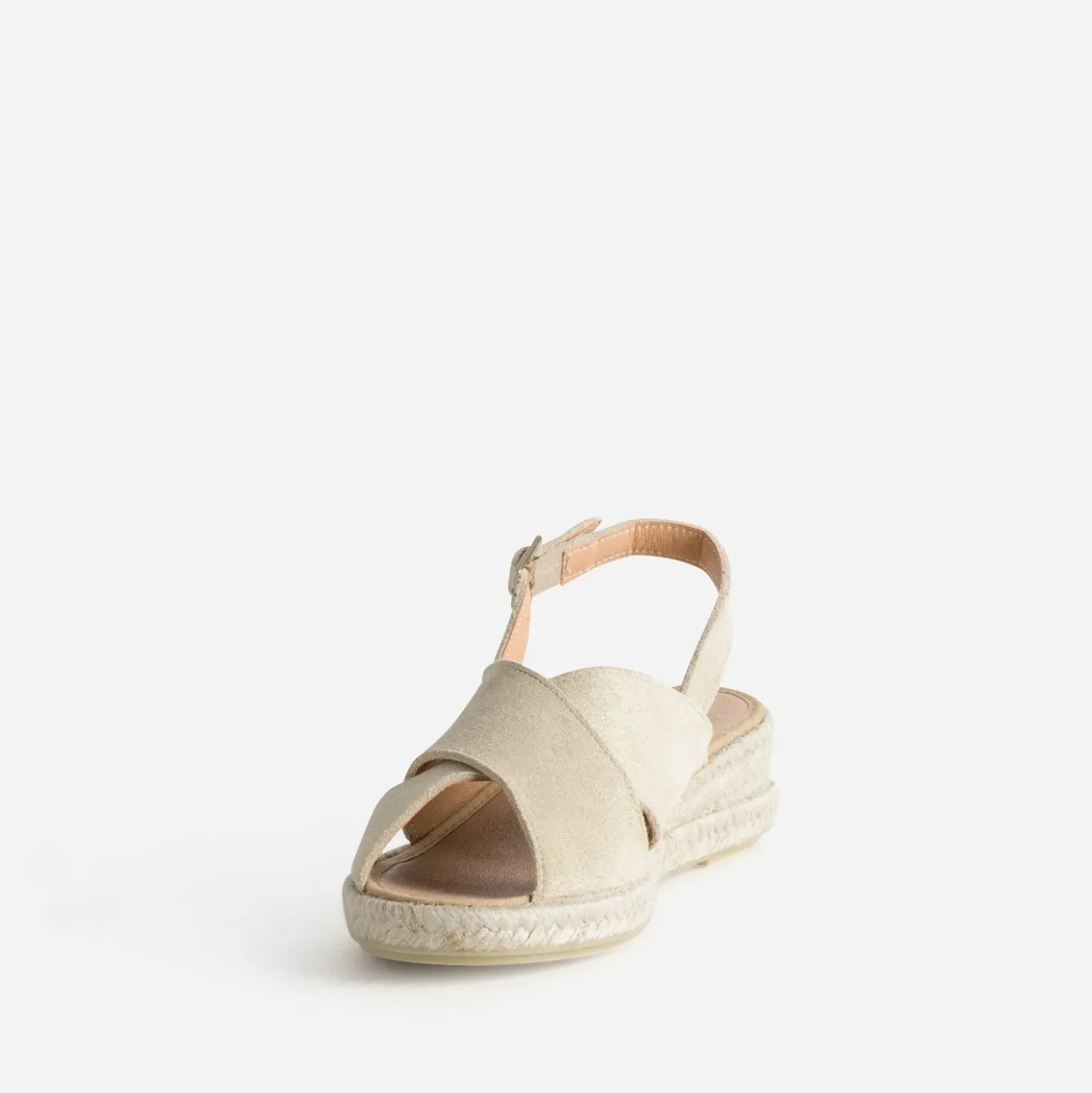 Sandale compensée beige doré cuir velours
