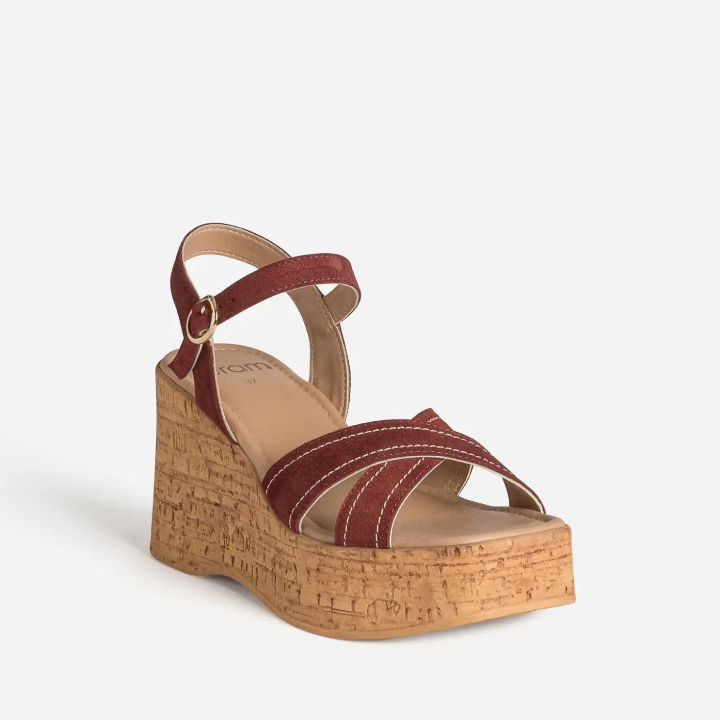 Sandale compensée bordeaux cuir velours