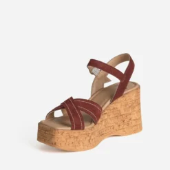 Sandale compensée bordeaux cuir velours