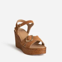 Sandale compensée camel cuir velours