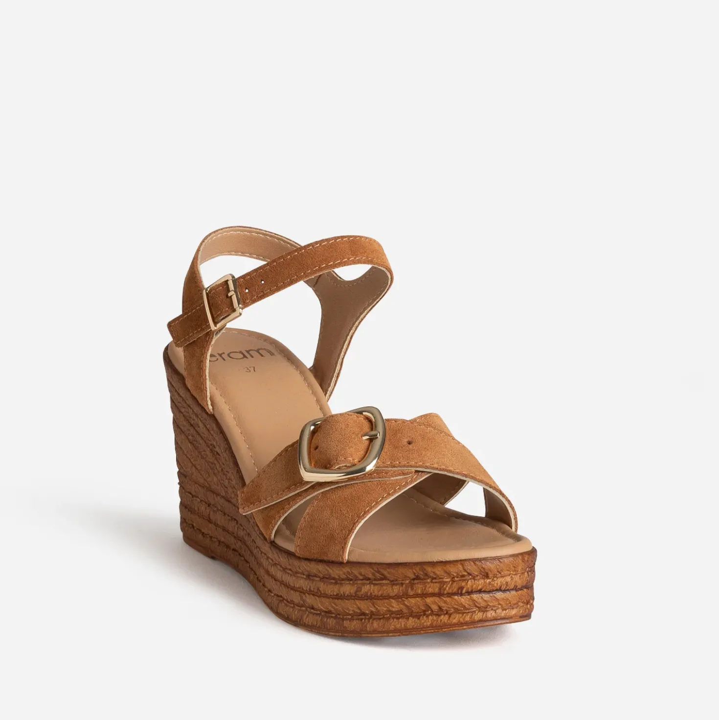 Sandale compensée camel cuir velours
