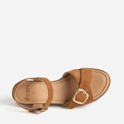 Sandale compensée camel cuir velours
