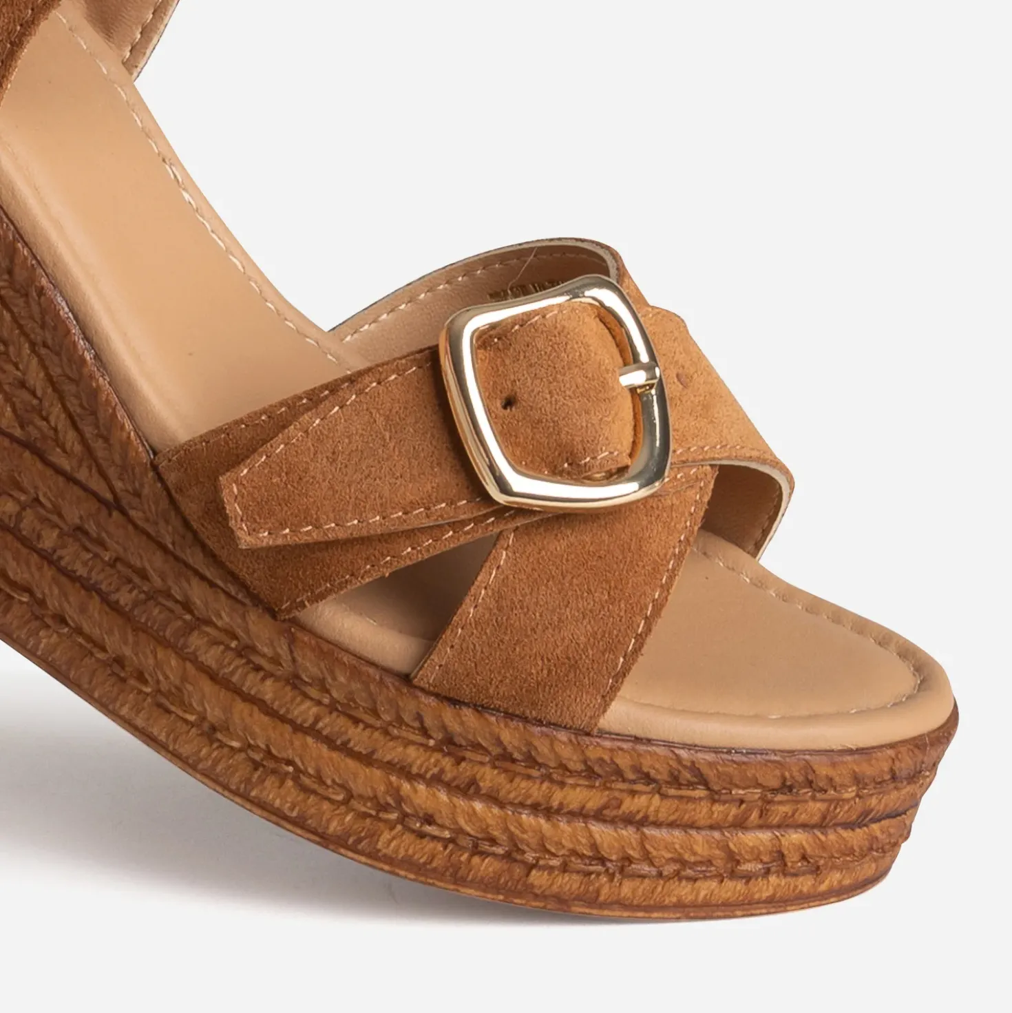 Sandale compensée camel cuir velours