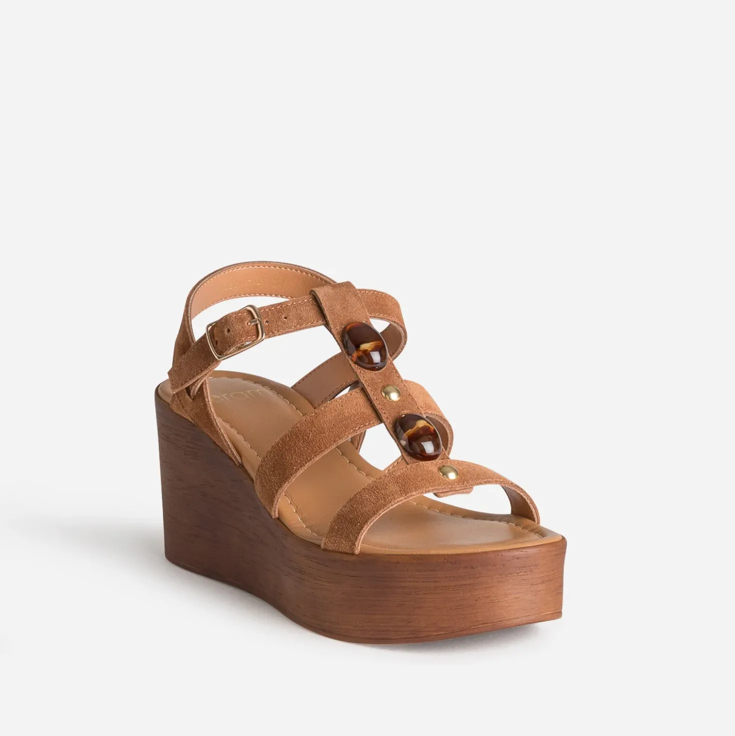 Sandale compensée camel cuir velours décor bijou