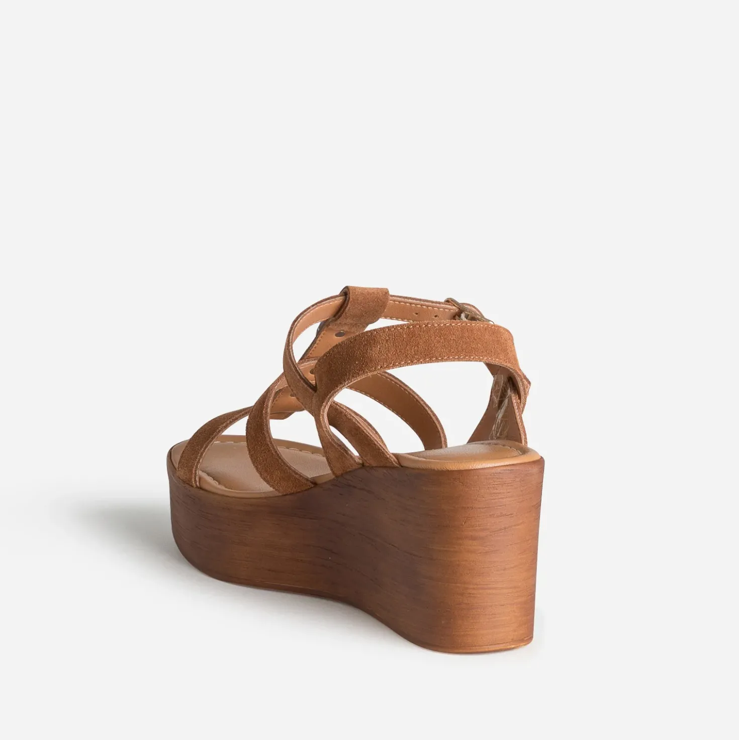 Sandale compensée camel cuir velours décor bijou