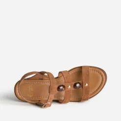 Sandale compensée camel cuir velours décor bijou