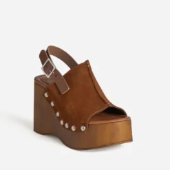 Sandale compensée cognac cuir velours