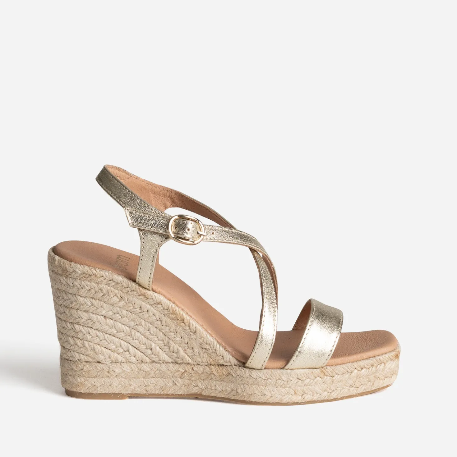 Sandale compensée dorée cuir