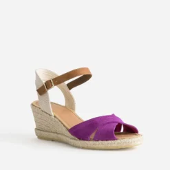 Sandale compensée fuchsia cuir velours éco-conçu