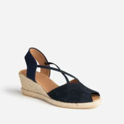Sandale compensée marine cuir velours éco-conçu