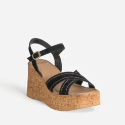 Sandale compensée noire cuir velours