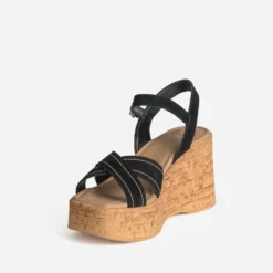 Sandale compensée noire cuir velours