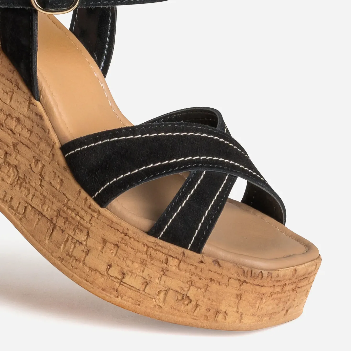 Sandale compensée noire cuir velours