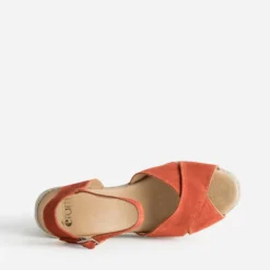 Sandale compensée orange cuir velours