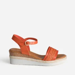 Sandale compensée orange cuir et tressage