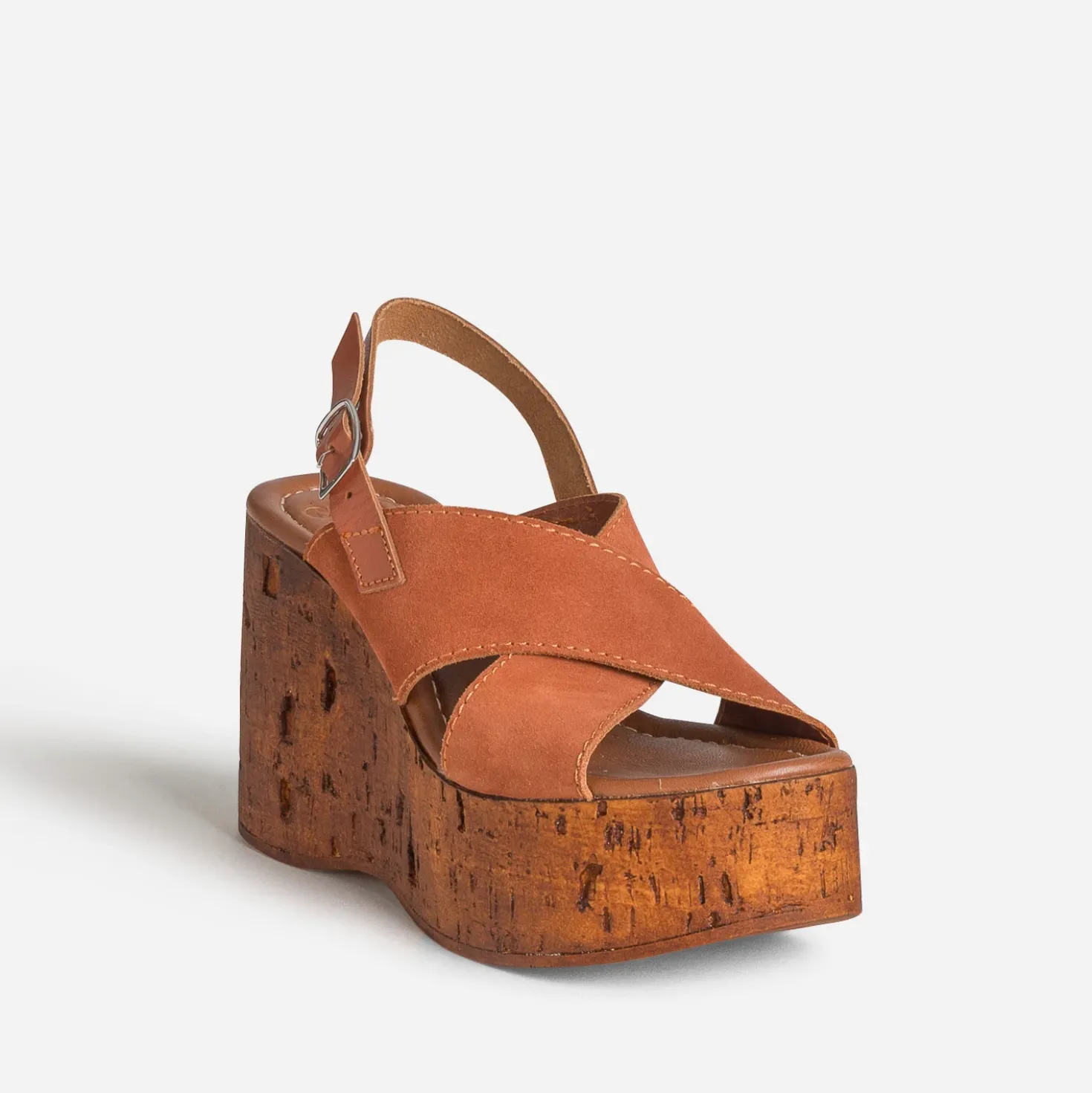 Sandale compensée orange cuir velours