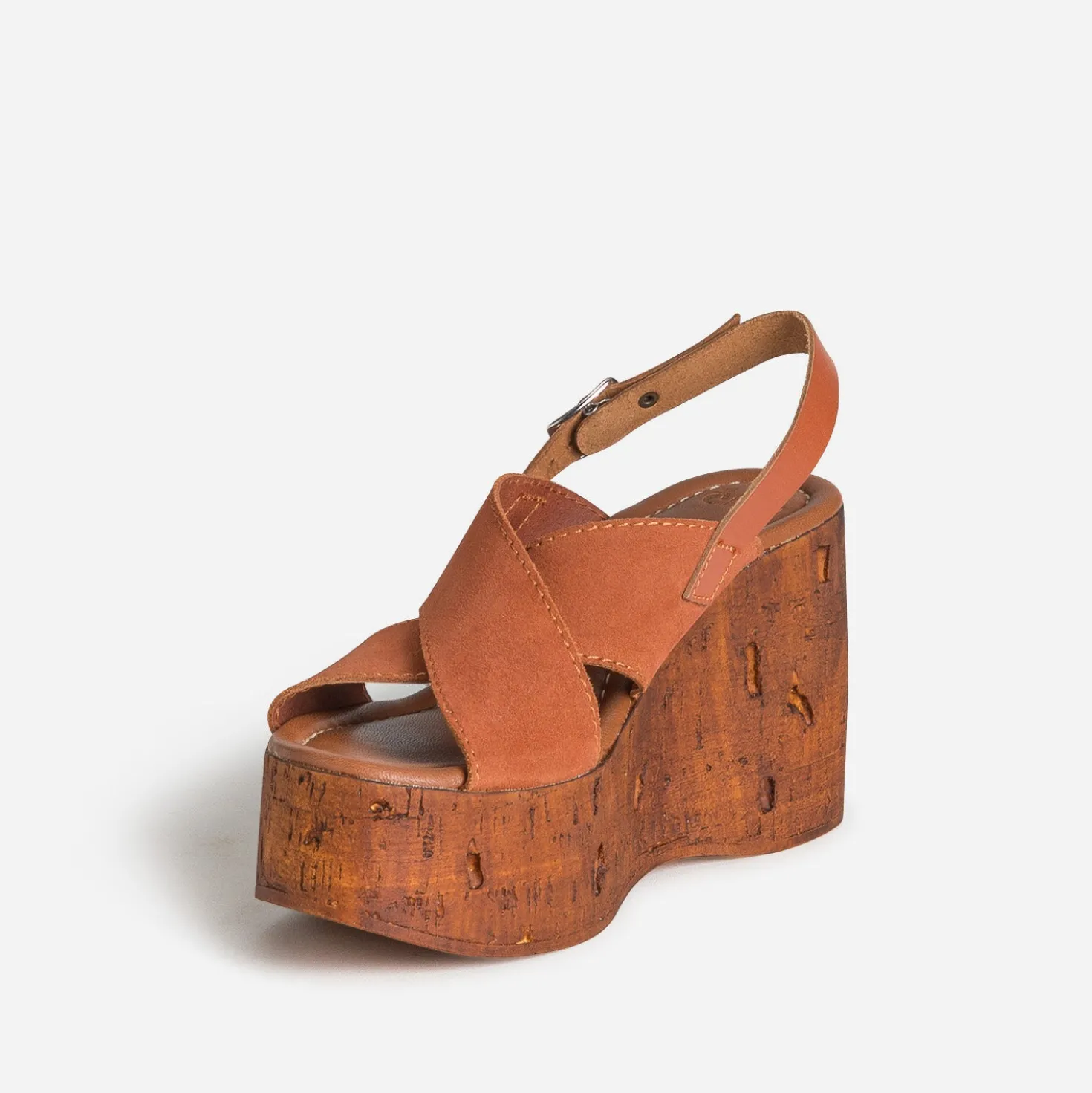 Sandale compensée orange cuir velours