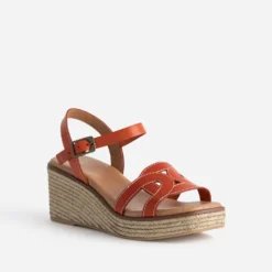 Sandale compensée orange foncé cuir