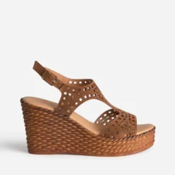 Sandale compensée TEXTO camel cuir velours