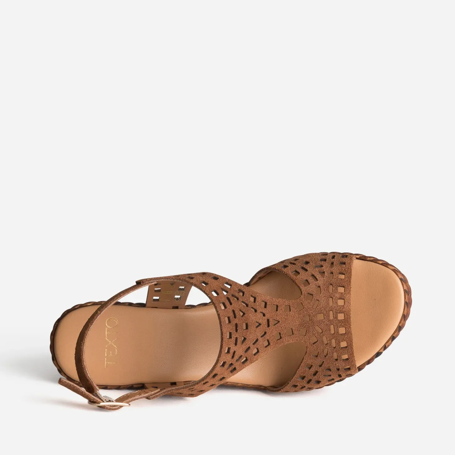 Sandale compensée TEXTO camel cuir velours