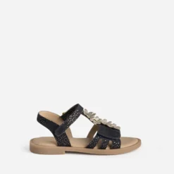 Sandale marine cuir velours fleurs dorées