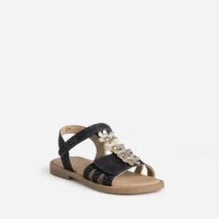 Sandale marine cuir velours fleurs dorées